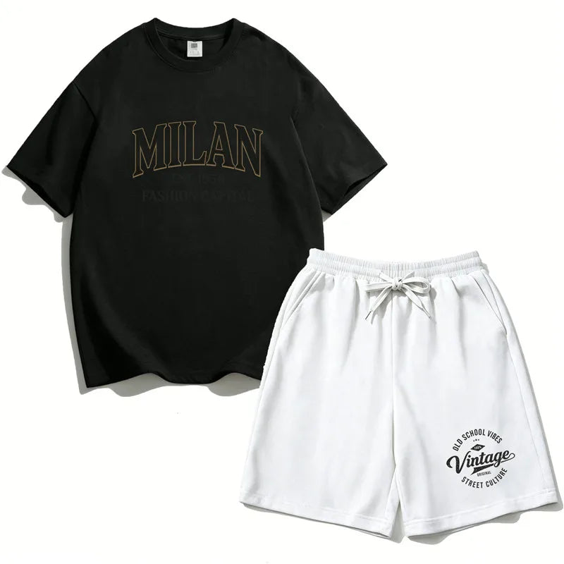 Summer Boys Cotton T-Shirt Shorts Set Casual Kids Milan Graphic Print Short Sleeve Suit Children's Outfit 2026 ML1