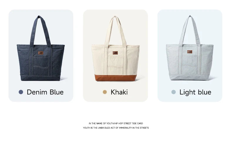 Unisex Utility Canvas Leather Zipper Tote Bag Casual Denim Daily Shopping Handbag Women Man Durable Student School Book Bag
