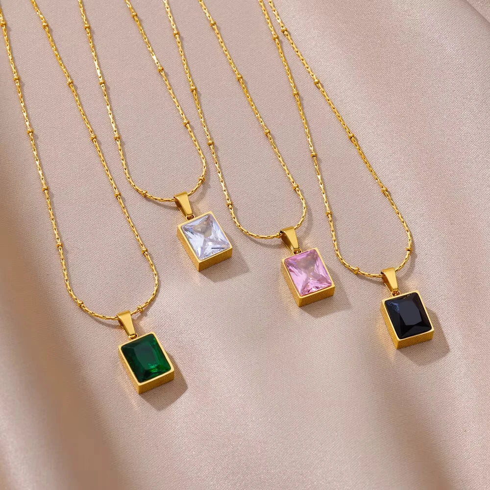 Trendy Oval Colorful Stone Necklace For Women Stainless Steel Gold Color Green Opal Stone Pendant Necklace Aesthetic Jewelry Gif
