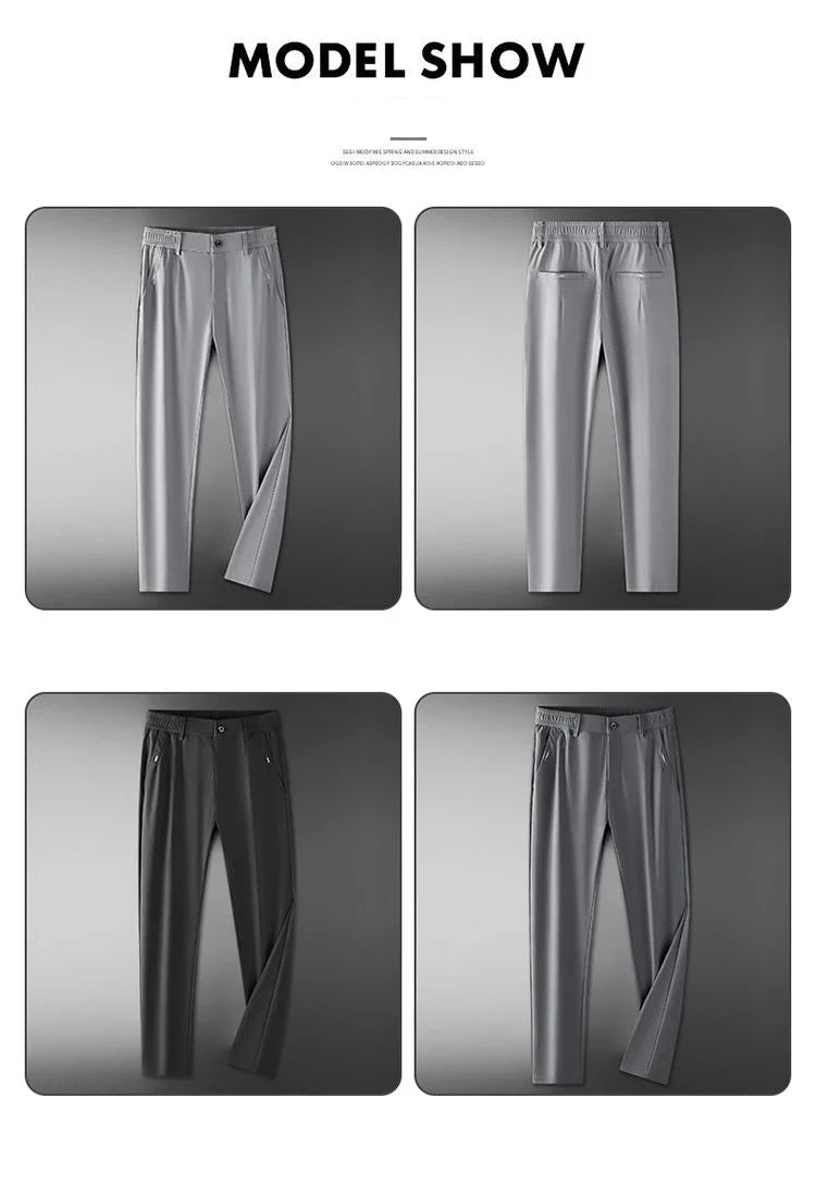Ultra-thin Elastic Men's Casual Trousers Summer Quick-drying Ice Silk Slim Straight Business Solid Color Trousers Black Gray