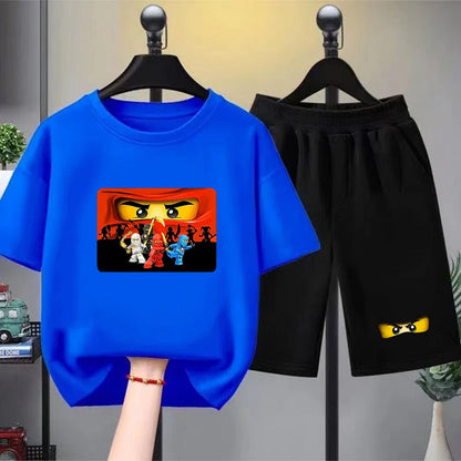 Summer T-Shirt Boy Girls red Casual TShirt+Shorts Sets ninja Printed Kids Outfits Teen Children's Short Sleeve Tops