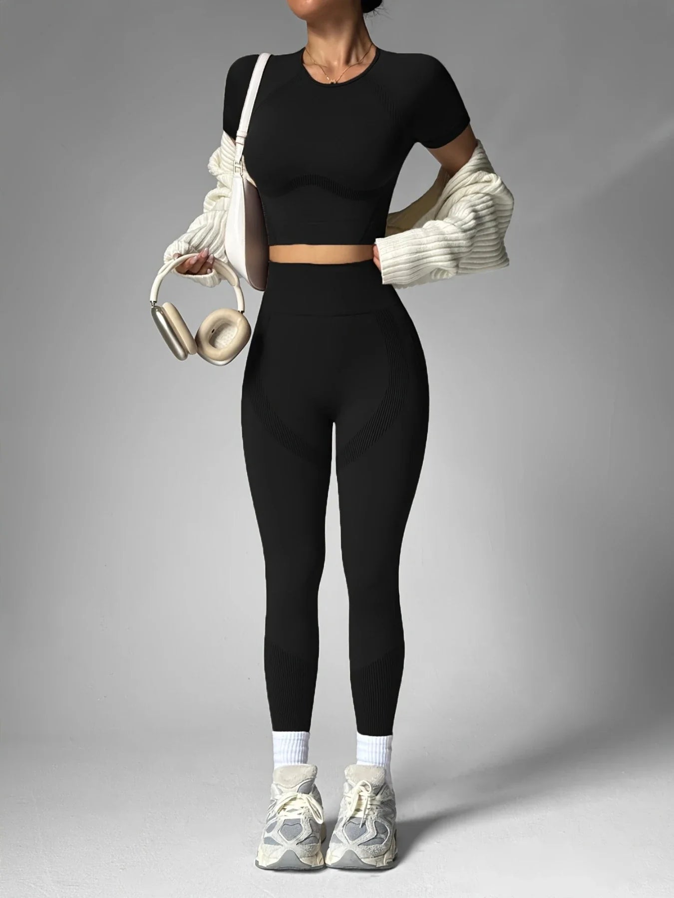 2Pcs Women's Sturdy Activewear Set, Breathable Waistless Short Sleeves and High Waist Pants, Yoga Gym Workout for Running,