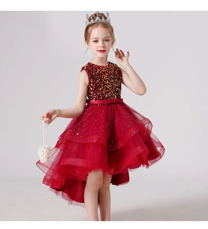 Summer Sequin Lace Tuxedo Wedding Dress for girls 3-13 years old Sleeveless fluffy Mesh gauze Doveark brand