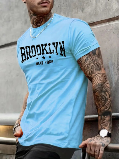 Men's 100% pure cotton summer casual loose Brooklyn New York letter printed comfortable round neck short sleeved T-shirt top