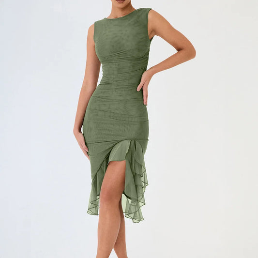 Women Maxi Dress Summer Elegant Solid Sleeveless Nipped Waist Slim Backless Ruffled Irregular Party Dresses Streetwear