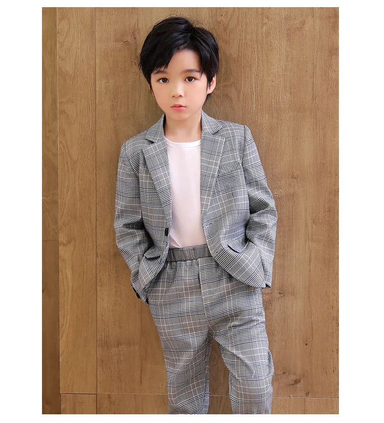 Spring Autumn Kids Boys Suits Elegant Children Boys Plaid Blazer Pant Suits Outfits Set Young Teenager Boys Formal Wedding Suits
