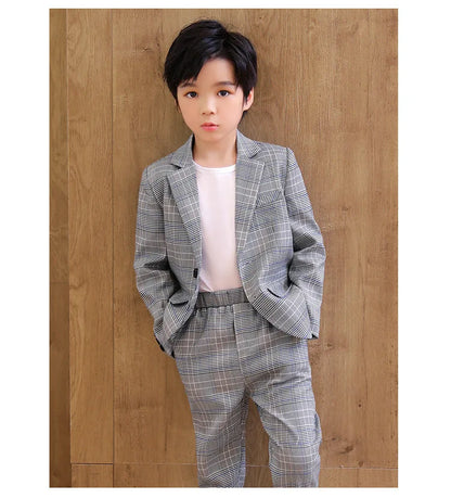 Spring Autumn Kids Boys Suits Elegant Children Boys Plaid Blazer Pant Suits Outfits Set Young Teenager Boys Formal Wedding Suits