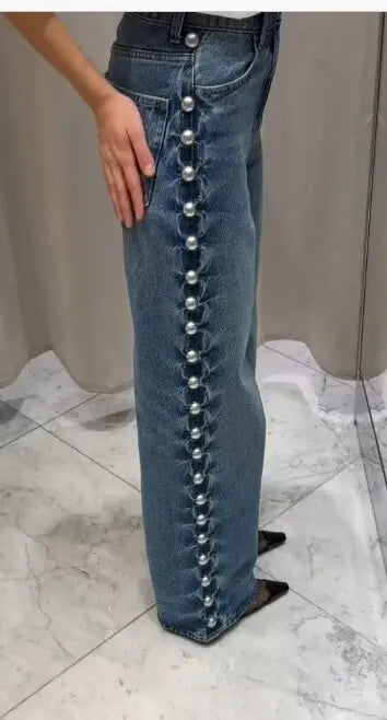 High Waist Embroidered Flares Button Fly Full Length Loose Fit Jeans