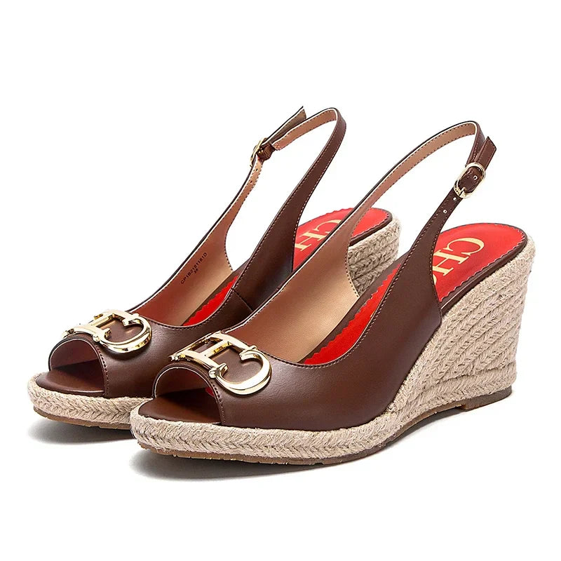 sandals summer women's casual shoes Gold INITIALS INSIGNIA PU LEATHER WEDGES Luxury brand wedge shoeses