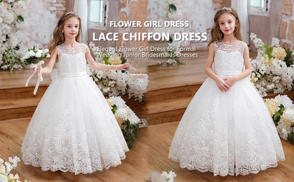 lower Girl Dress Embroidery Tulle Lace for Kid Bridesmaid Birthday Party Communion Formal Princess Bow Ball Gown