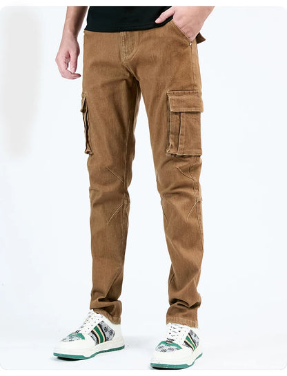 Men's Jeans Street Style Waist Denim Cargo Pants Solid Color Washed Slim Fit Casual Jeans with Multiple Pockets for Daily Wear
