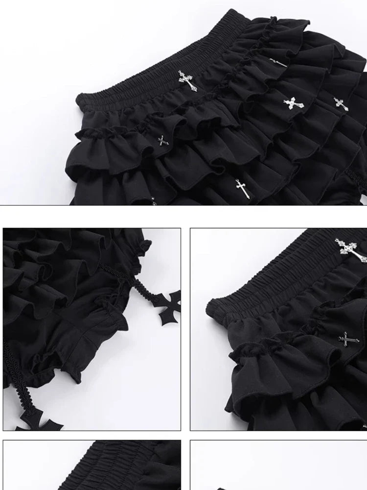 2026 Summer New Arrival Hot Girl Trendy Versatile Mini Skirt Dark Cross DesignTiered Cake Black Fluffy Skirts