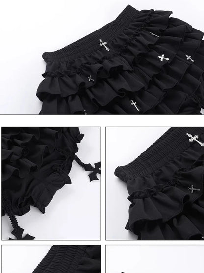 2026 Summer New Arrival Hot Girl Trendy Versatile Mini Skirt Dark Cross DesignTiered Cake Black Fluffy Skirts