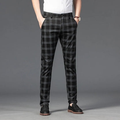 Brand Clothing Mens Casual Pants Fashion Plaid Classic Business Formal Trousers Elastic Straight Social Luxury Suit Pants
