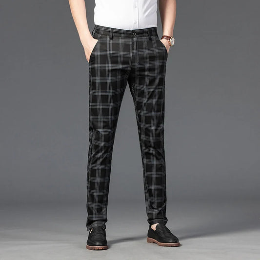 Brand Clothing Mens Casual Pants Fashion Plaid Classic Business Formal Trousers Elastic Straight Social Luxury Suit Pants