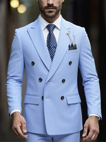 Men's Pinstripe Suit Set Classic Double Breasted Peak Lapel Slim Fit 2 Piece Blazer Pants For Business Formal Wedding