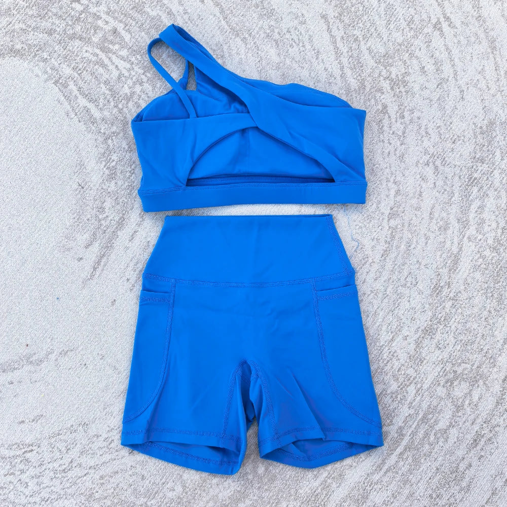Women's 2 PCS Sports Yoga Set Sexy Sport Bra High Waist Sports Pocket Shorts Gym Fitness Sleeveless Workout Suit Sporstwear