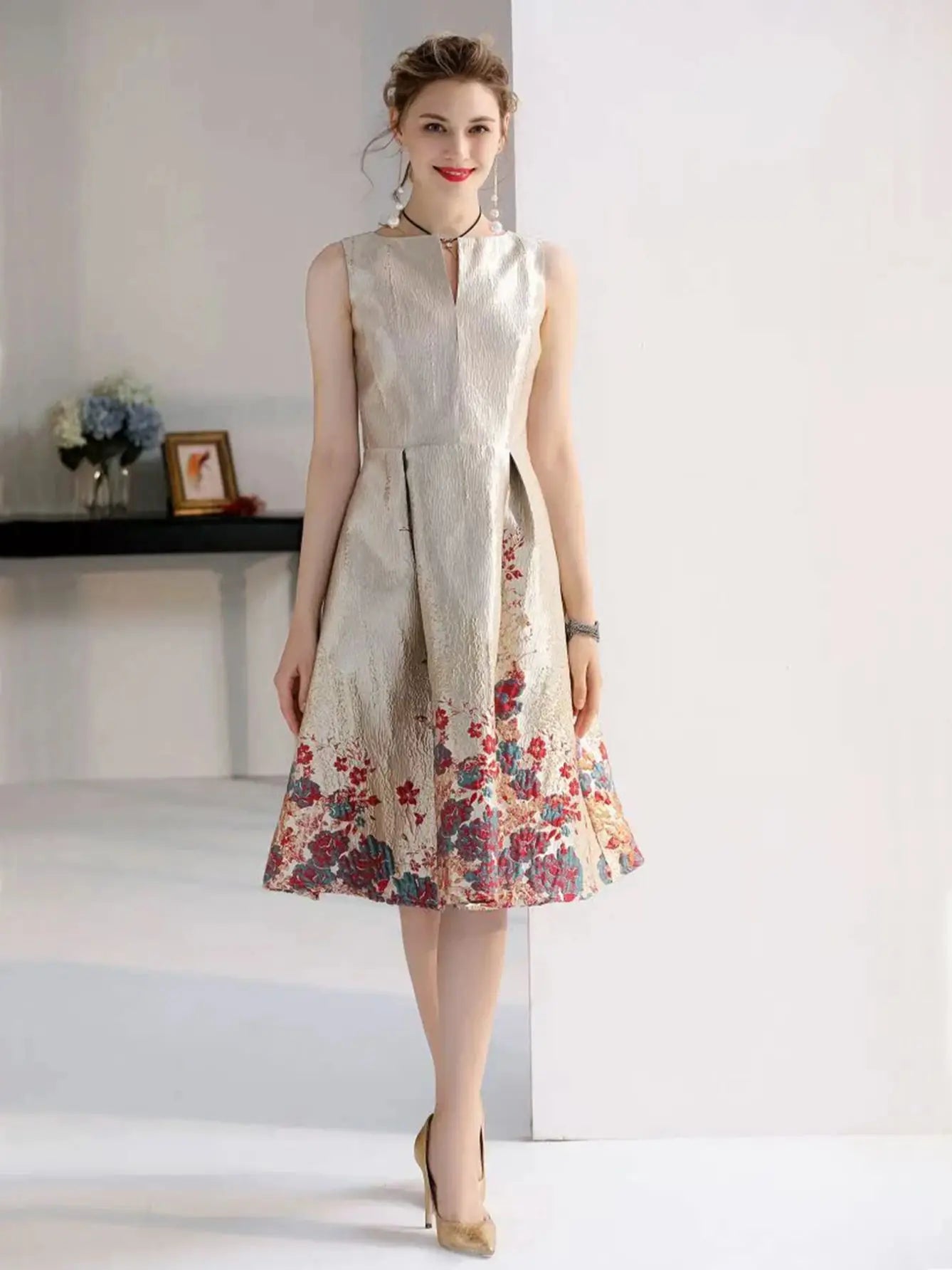 Luxury Women Fashion High Quality Jacquard A Line Ball Gown Sleeveless Summer Casual Clothing Midi Femme Party Dressses