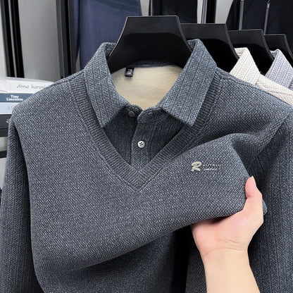 Winter Men's Vacation Two-piece Thick Woolen Sweater with A Warm Collar and Knitted Polo Base for Middle-aged and Elderly People