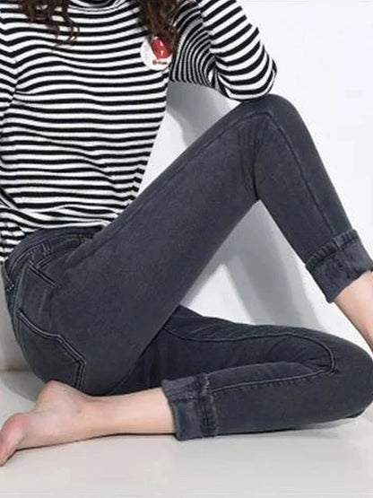 Women's Thick Warm Jeans, Stretch Tight Pencil Pants