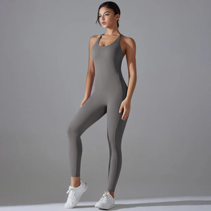 Sexy Backless Bodycon Scrunch Jumpsuit Raises Butt Women Dance Fitness Overalls Push Up Sleeveless Yoga Sport Jump Suit