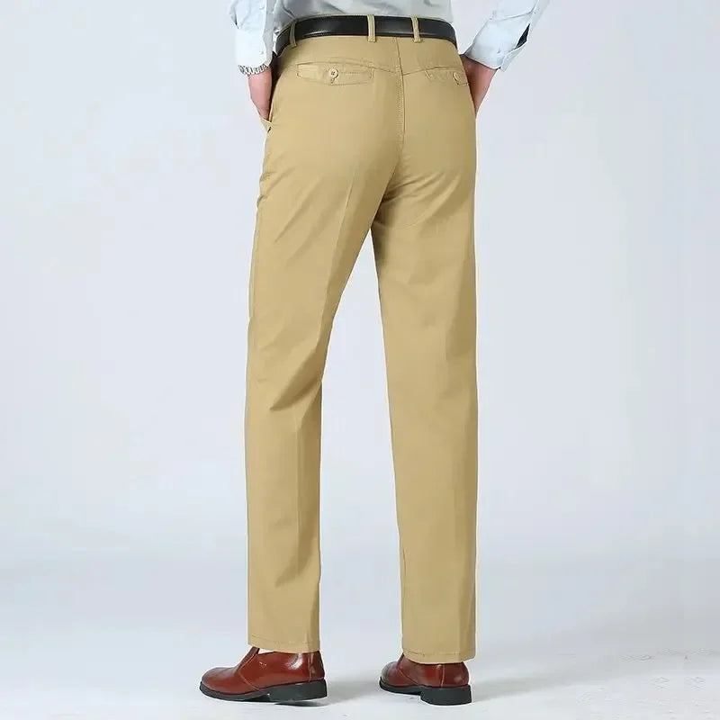 Mens 100% Cotton Summer Thin Pants Autumn Suit Pant Slacks High Waist Straight Loose Bland Solid Business Casual Pants Gozbkf