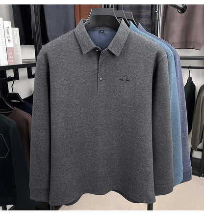 Fashion brand men's long sleeve polo shirt soft plush warm comfort new letter embossed solid color business casual lapel T-shirt