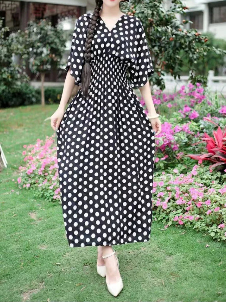 Flower V-neck Elastic Youthful Bohemian Sweet Midi Dress Woman Clothes Chic Fashion Summer Dresses 2025 Large Swing Ski