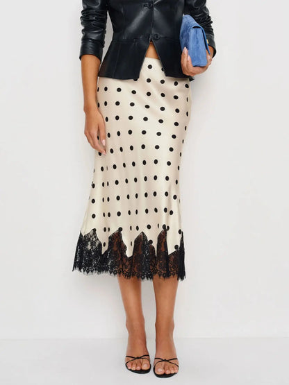 Women's Polka Dot Print Satin Skirt Sexy Lace Patchwork High Waist Skirts Chic Commute Street Party Lady Clothes for 2026 Summer