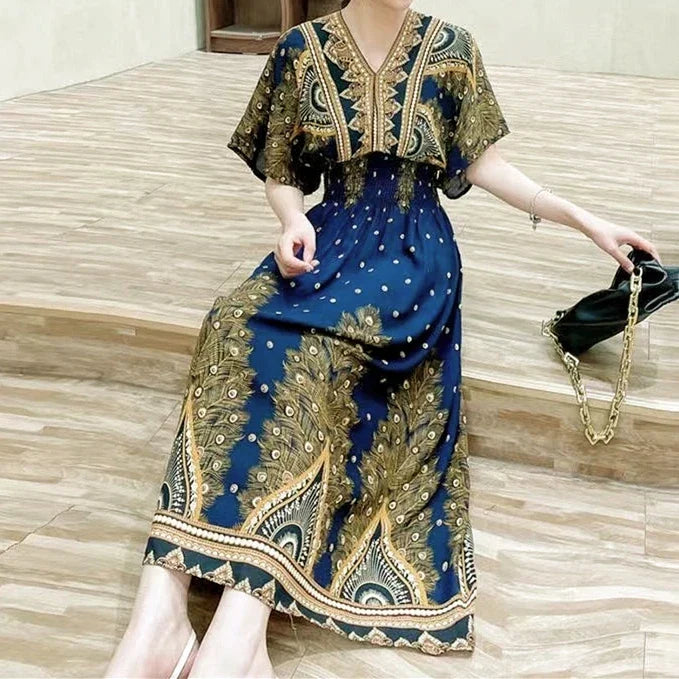 Flower V-neck Elastic Youthful Bohemian Sweet Midi Dress Woman Clothes Chic Fashion Summer Dresses 2025 Large Swing Ski