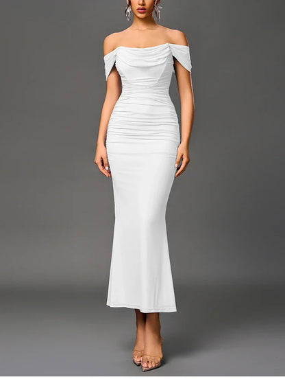 Women's Off Shoulder Ruched Mesh Long Corset Dress Backless Fishbone Bodycon Elegant Fashion Party Club Maxi Dresses