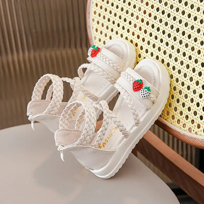Kids Girls GLADIATOR Sandals Open Toe Knitted Strawberry Summer Non Slip Flat Fashion Children Casual Shoes Roman Shoes Simple