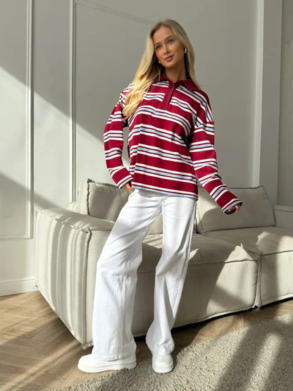 Autumn Casual Stripes Contrast Long-sleeved T-shirt Women Button Lapel Polo Shirt Tshirts New Streetwear Retro Chic Tops 2025
