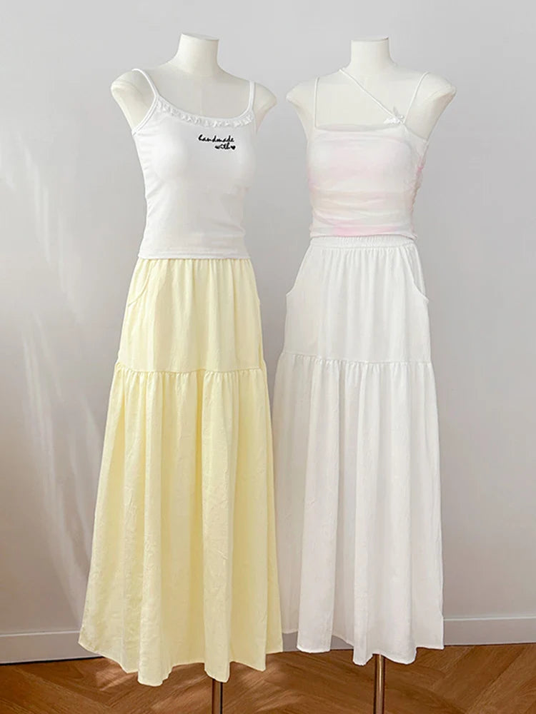Women's Summer Effortless Chic Midi Skirt - Korean Flowy Big Hem Voluminous Ruffle Cake Skirt