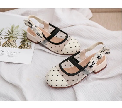 Mesh Black White Polka Dot Shoes Sandals for Girls with Heels Mules Sling Back Shoes for Girls Luxury Shoes for Girls To Dress