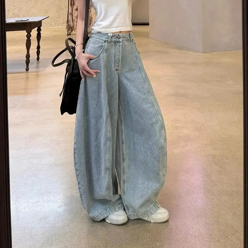 American Washed Loose Wide Leg Knife Edge Jeans Women's Spring Autumn New High Waist Loose Slimming Floor Length Pants