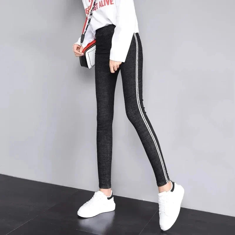 Side Striped Skinny Stretch Pencil Jeans Pants Women Elastic High Waist Vaqueros Vintage Oversize 5xl Ankle Length Denim Spodnie