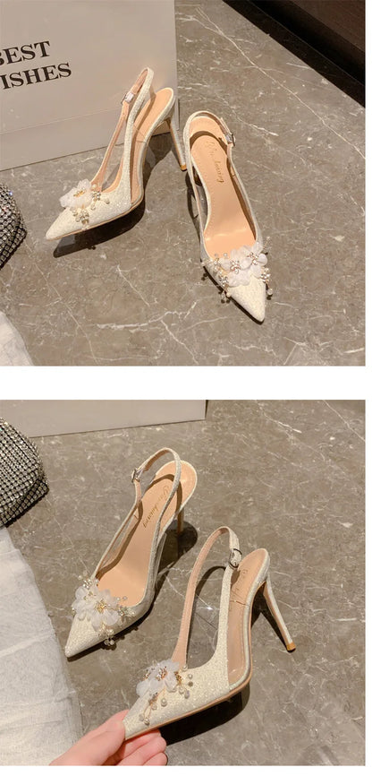 French Flower Wedding Shoes Women's Thin Heel Pointed Head High Heel Fashion Bag Head Summer Women's Sandals