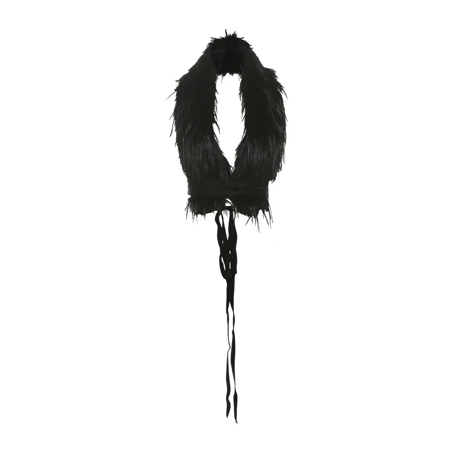 Hottie Sexy Furry Halter Top Women Fur Collar Backless Lace-Up Coquette Dark Punk Style Music Festival Clubwear Vests