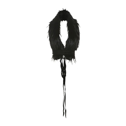 Hottie Sexy Furry Halter Top Women Fur Collar Backless Lace-Up Coquette Dark Punk Style Music Festival Clubwear Vests