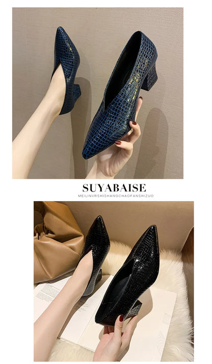 Vintage black Soft Leather Shallow Pointed Toe Thick Heel Women's Flats 2024 New Spring Summer High Heel Versatile High Shoes