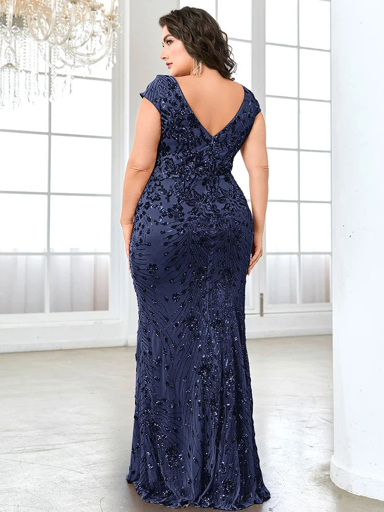 Plus Size Elegant Blue Evening Dress For Women 2024 Luxury Long Mermaid Formal Sequins V-neck Prom Wedding Party Gown