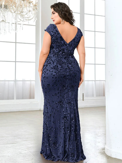 Plus Size Elegant Blue Evening Dress For Women 2024 Luxury Long Mermaid Formal Sequins V-neck Prom Wedding Party Gown
