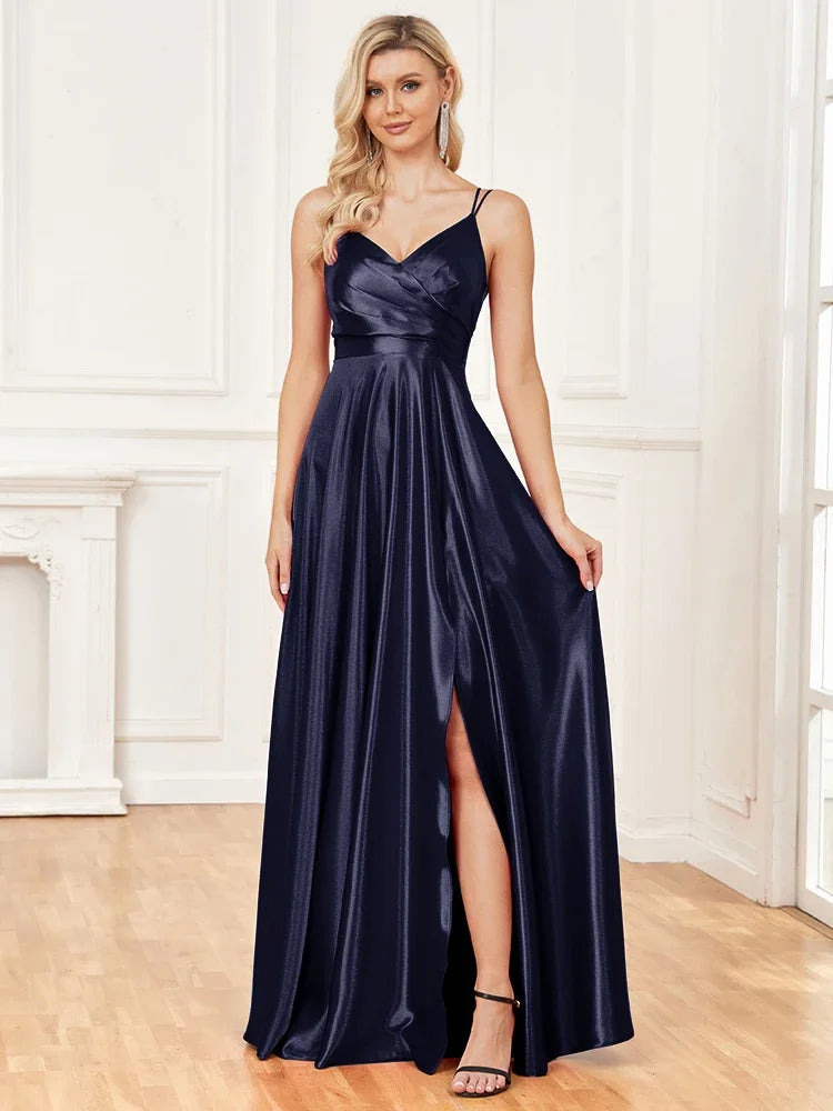 Luxury V-Neck Satin Sleeveless Blue Formal Evening Dress 2024 Women Elegant Sexy Slip Wedding Party Long Prom Dress