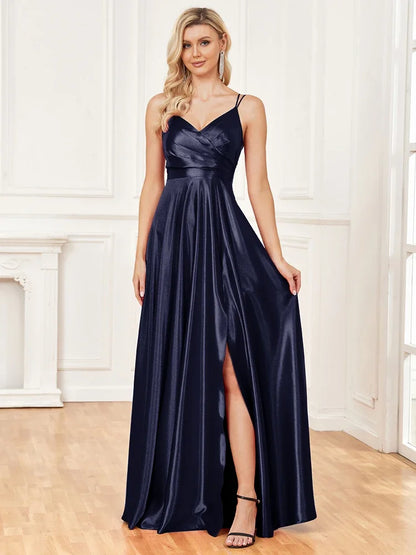Luxury V-Neck Satin Sleeveless Blue Formal Evening Dress 2024 Women Elegant Sexy Slip Wedding Party Long Prom Dress