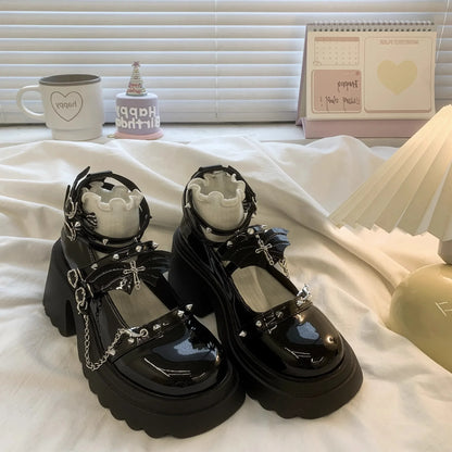 Punk k JK orm Mary Janes High Heels Thi Bot Small Leather oes Women's Lolita Faion Single oes Korean Sle