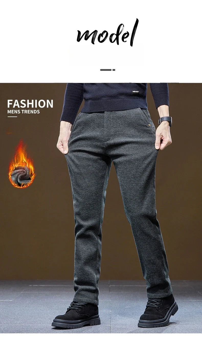 Men's Winter Casual Pants Thick Fleece Warm Elastic Waist Straight Slim Trousers Light Business Comfort Daily Wear Thermal Pants