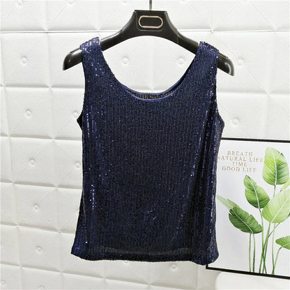 Sparkling Sequins Round Neck Vest Women's Outer Wear 2022 Summer New Bright Silk Fashion Glitter Bottoming Shirt Suspender Top
