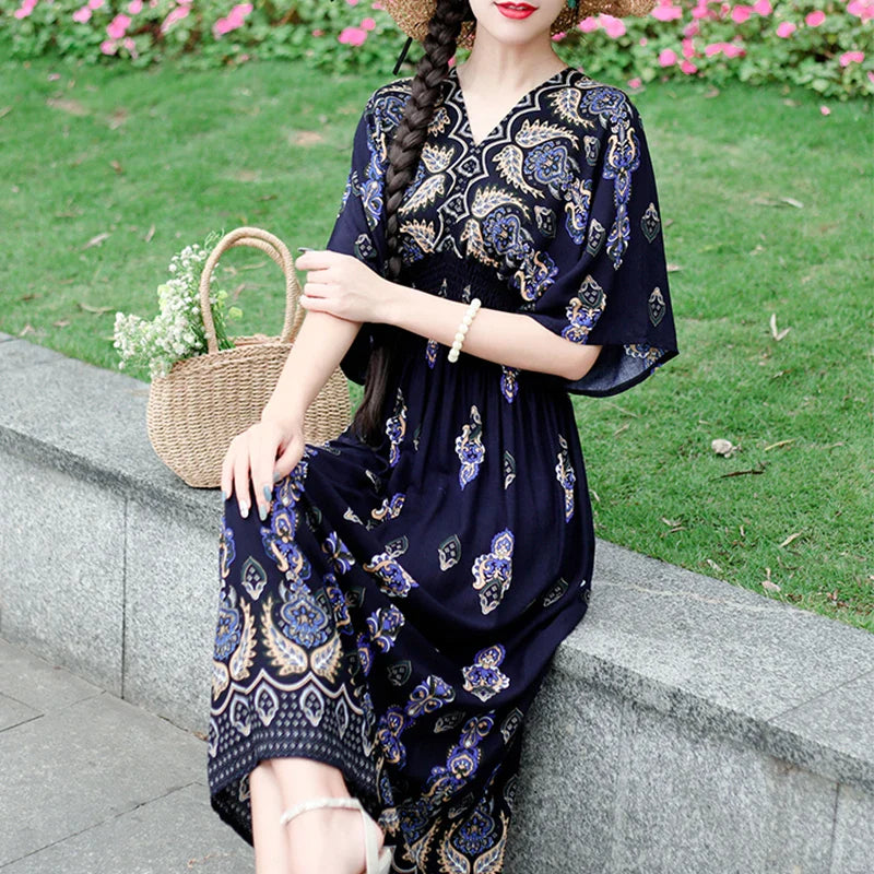 Flower V-neck Elastic Youthful Bohemian Sweet Midi Dress Woman Clothes Chic Fashion Summer Dresses 2025 Large Swing Ski