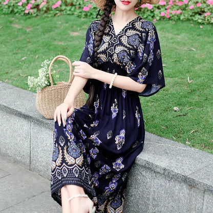 Flower V-neck Elastic Youthful Bohemian Sweet Midi Dress Woman Clothes Chic Fashion Summer Dresses 2025 Large Swing Ski